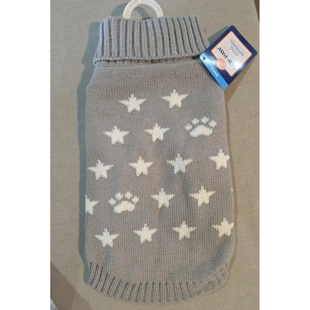 Top Paw Gray Icon Fashion Dog Sweater Small Stars Paw Prints NWT Acrylic